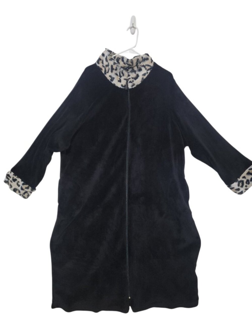 Stan Herman Womens 2X Plush Fleece Lounge Robe Zip Front Black Leopard Trim